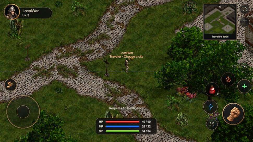 A character standing on a stone path in the traveler's town with the game HUD, minimap and shortcuts visible.